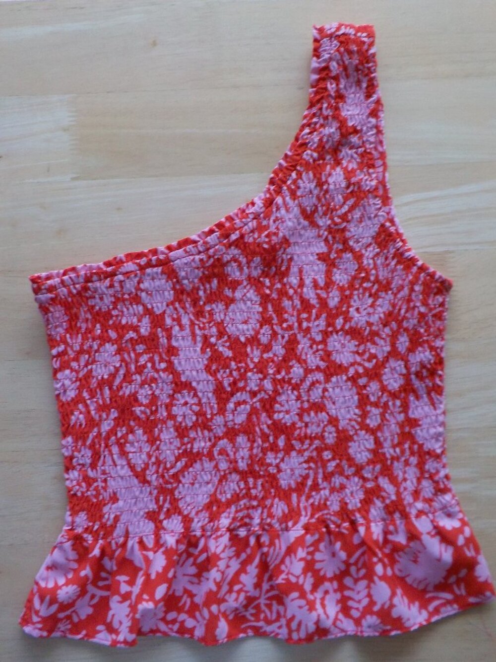 Entro Blouse - Small - One Shoulder Red/Pink Smocked Ruffle (2290)